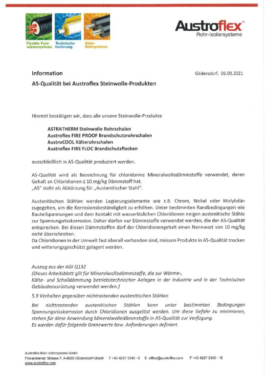 mbs insulation - Zertifikat - Austroflex Steinwolle AS-Qualität 2021.09.06