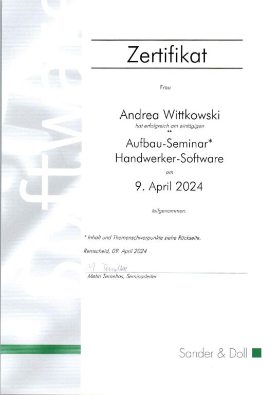 mbs insulation - Zertifikat - Handwerker-Software Aufbau A. Wittkowski 2024.04.09