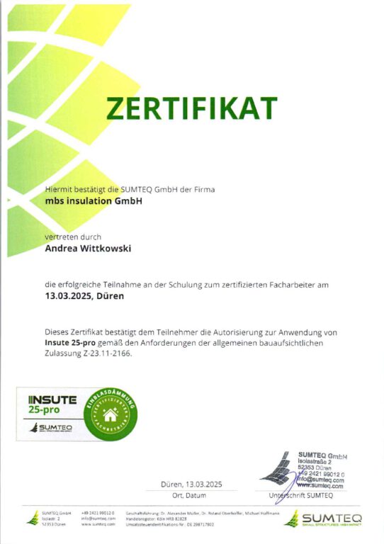 mbs insulation - Zertifikat - insute 25-pro A. Wittkowski 2025.03.13