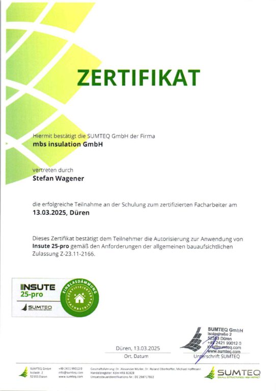 mbs insulation - Zertifikat - insute 25-pro S. Wagener 2025.03.13