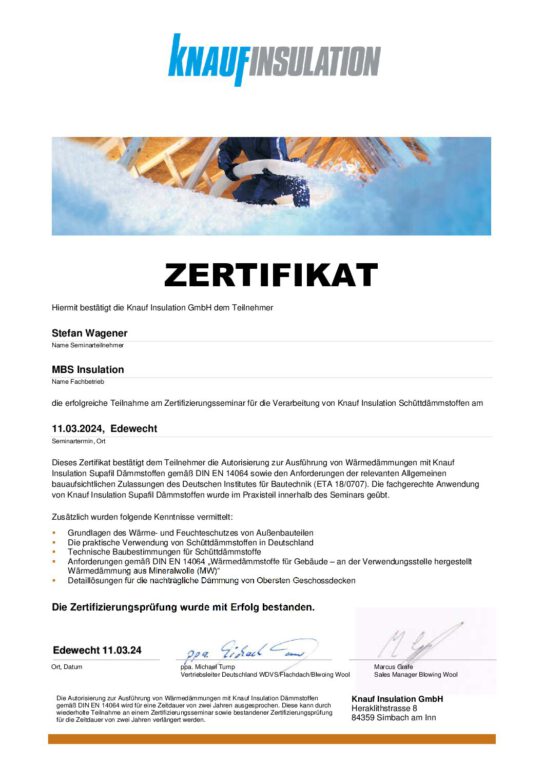 mbs insulation - Zertifikat - Supafill S. Wagener 2024.03.11