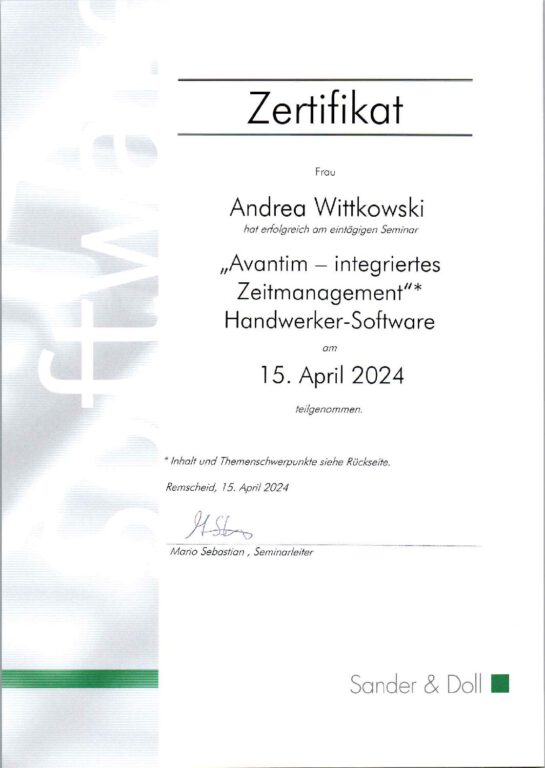 mbs insulation - Zertifikat - Zeitmanagement A. Wittkowski 2024.04.15